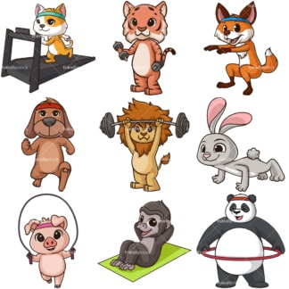 卡通动物锻炼身体。PNG - JPG和无限可伸缩的矢量EPS -在白色或透明的背景。